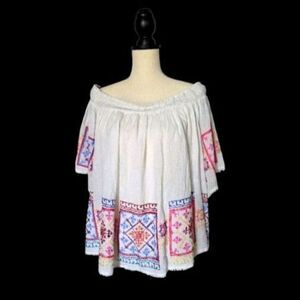 Ruby Yaya Boho Embroidered Off Shoulder Cotton Blouse Top M White Multicolor